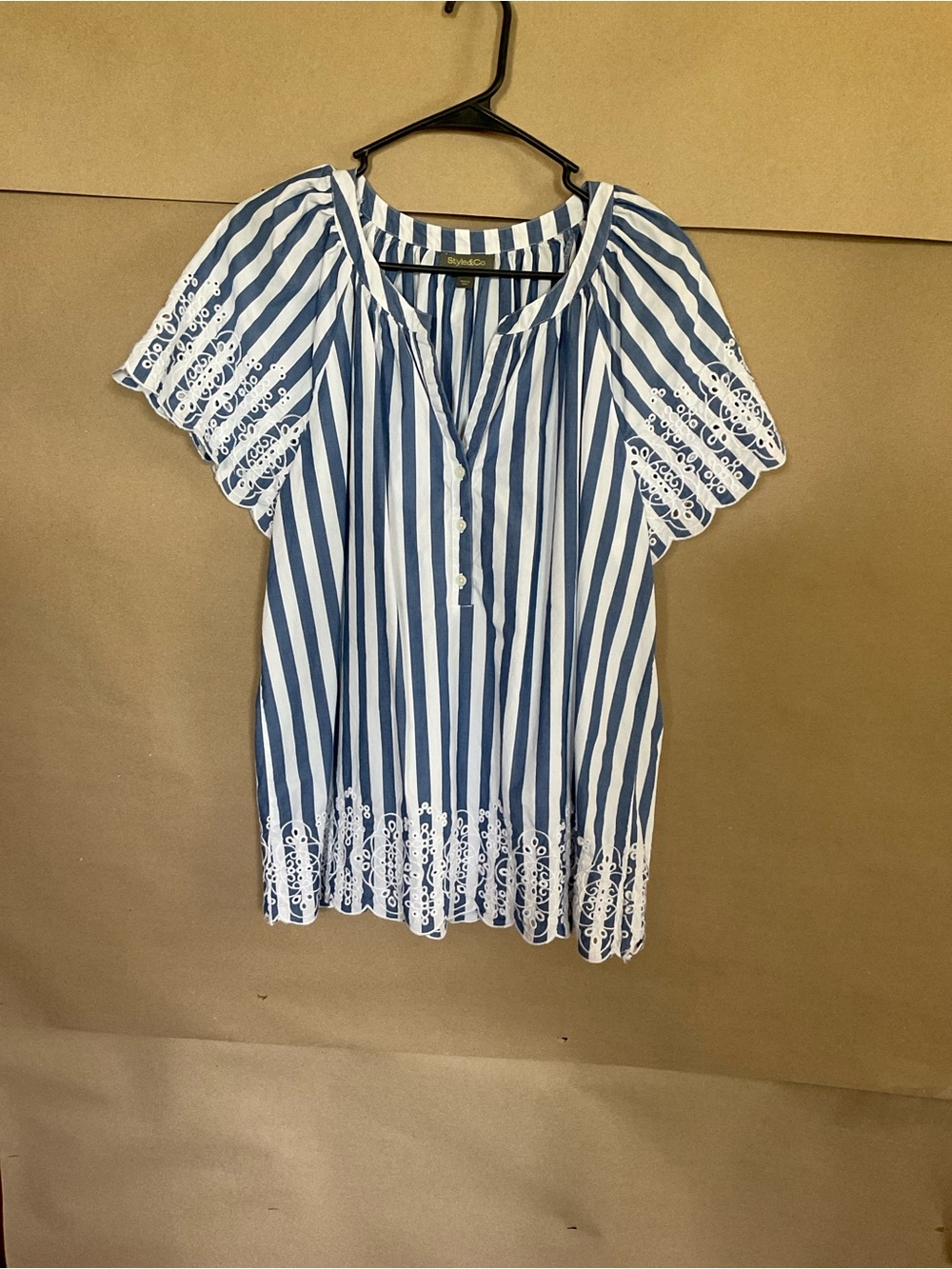 Style & co. Blue & White Striped Embroidered Peasant Top. Size L